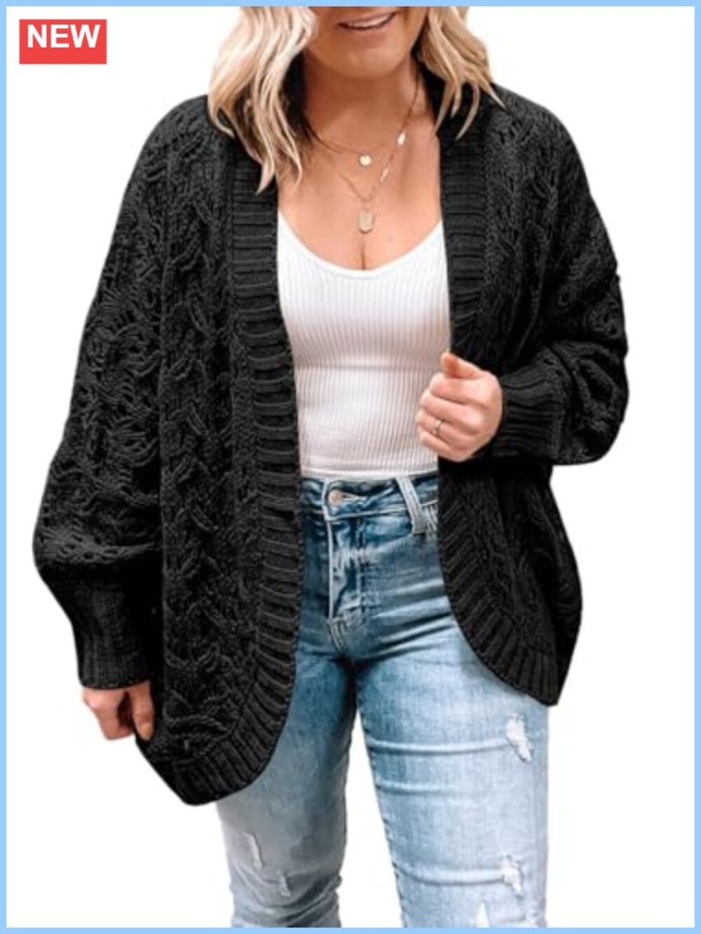 Plus Size Open Front Cardigan Long Sleeve Loose Knit Sweater
